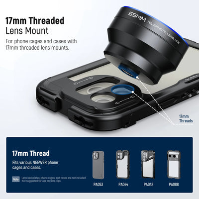 NEEWER HD 65mm Telephoto Phone Camera Lens with Lens Hood for Phone Cage Case, 1.7X Zoom Lens For iPhone 16 15 S25 S24 Ultra